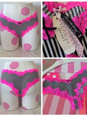 Victoria's Secret VTG Sexy Little Things Stripe Cheeky Panty NWT Hot Pink Lace